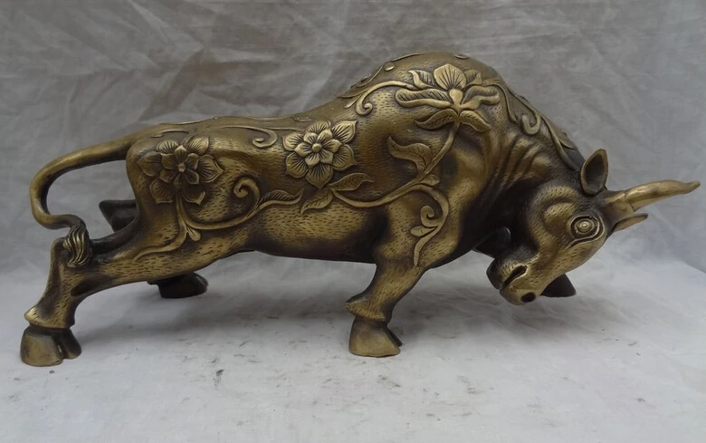 

JP S0114 12" Chinese Zodiac Bronze FengShui Home Set Wealth Flower Bull Ox Statue Animal