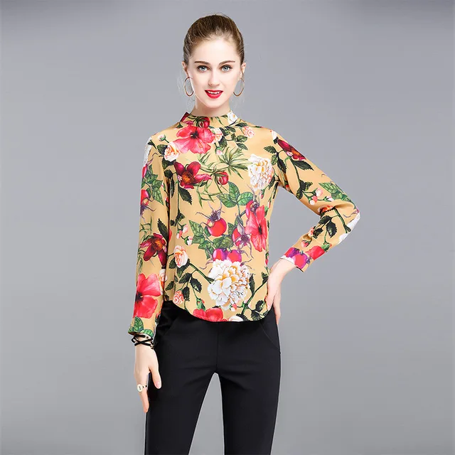 women's tops and blouses retro red floral silk chiffon blouse long