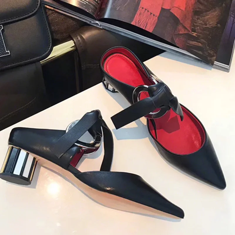 White Muller Shoes Summer New Style Pointed Toe Pumps Lace Up Design Ring Matal Fashion Slippers Female Round Chunky Heel Shoes