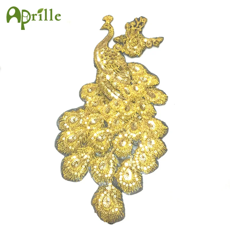 

Peacock Gold Line Sequin Embroidered Phoenix Patches for Clothing Iron on Applique Stripes Clothes Animal Bird Sticker Badges