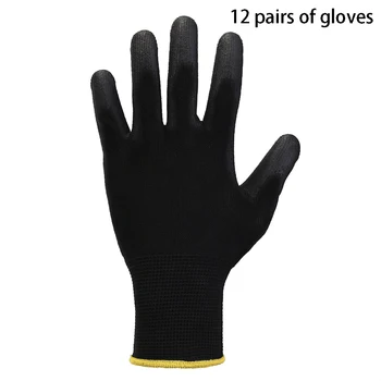 

12 Pairs/pack Black Anti-static Nylon Knit PU Safety Coating Work Gloves Builders Grip Palm Protect Gloves