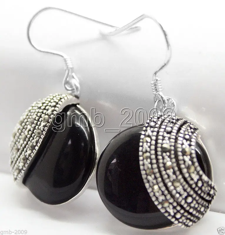 

handmade 925 Sterling Silver 18*18mm nature black agate Beads Marcasite Earrings