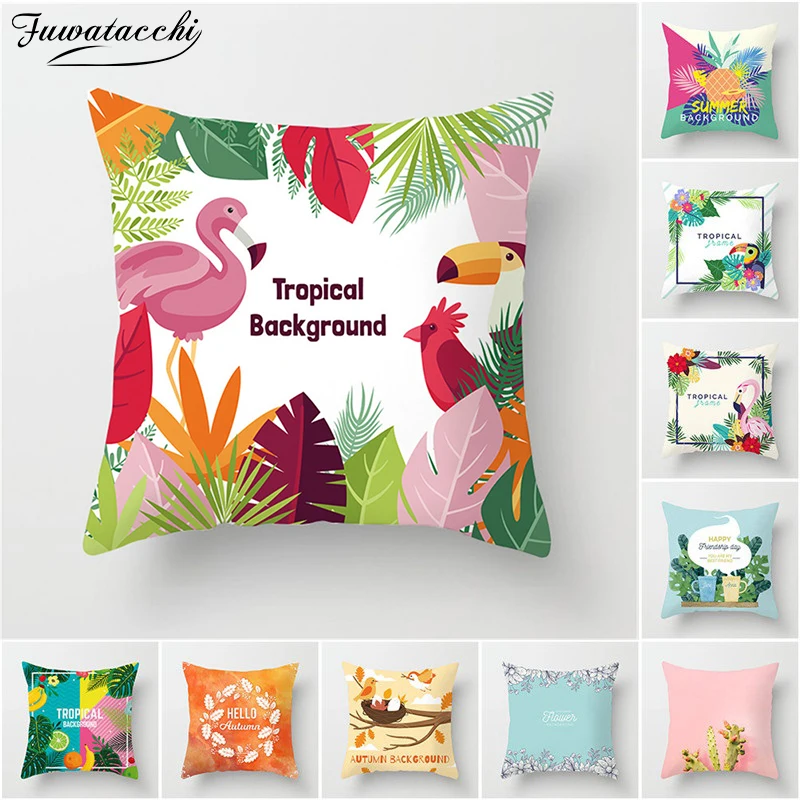 

Fuwatacchi Tropical Style Flamingo Print Cushion Cover Rainforest Leaves Flower Fruit Home Decor Pillows Case Chair Pillow Cover