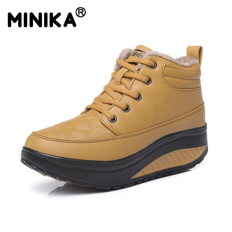 

Minika New Women Slimming Winter Warm Casual Shoes Design Short Plush Snow Ankle Boots Black Yellow Ladies Swing Platform Shoes