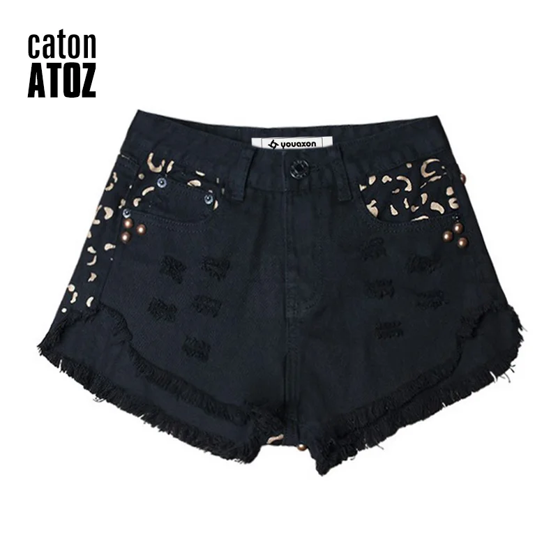 CatonATOZ 2054 женские летние брендовые винтажные леопардовые рваные короткие джинсы с кисточками и заклепками, сексуальные женские джинсовые шорты в стиле панк - Цвет: Black