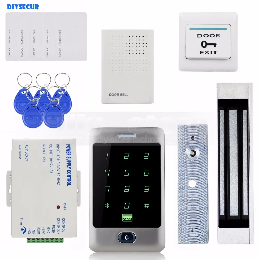 

DIYSECUR 125KHz RFID Reader Password Keypad + 180kg 350lb Magnetic Lock + Door Bell Door Access Control Security System Kit