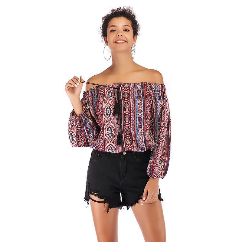 SARSALLYA Fashion One Word Lead Sexy Strapless Printing Chiffon Shirt Long Sleeve Pullover Restore Ancient Ways Nation Wind |