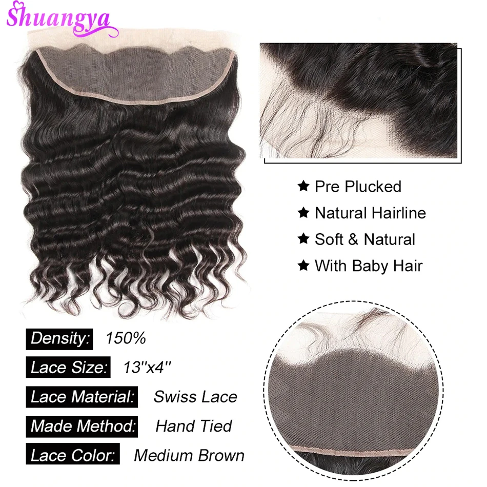 Shuangya Hair 13x4 Lace Frontal Free/Middle Part Brazilian Loose Deep Wave Frontal 130% Density Remy Human Hair Frontal 8\