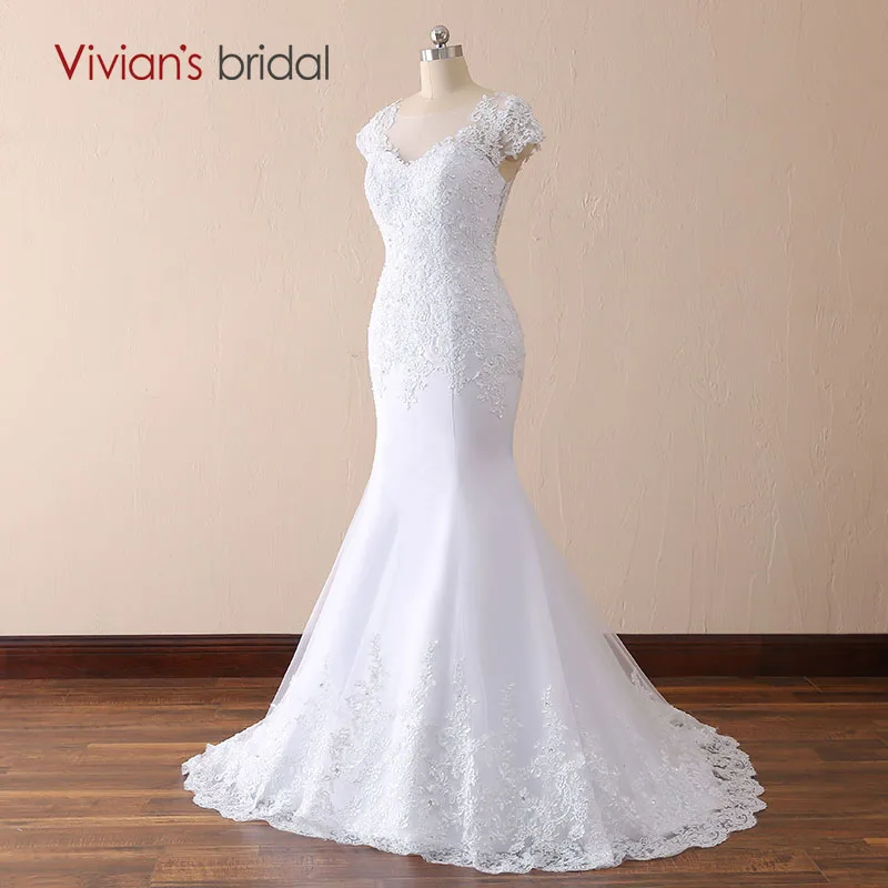 Vivian's bridal 2018 белый цвет слоновой кости русалка кружево Свадебные платья V средства ухода за кожей Шеи спинки суд поезд для женщи