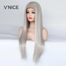 V'NICE ручная вязка натуральный Длинный передний кружевной прямой парик серебристо-серый цвет жаростойкий синтетический кружевной передний парик высокая температура