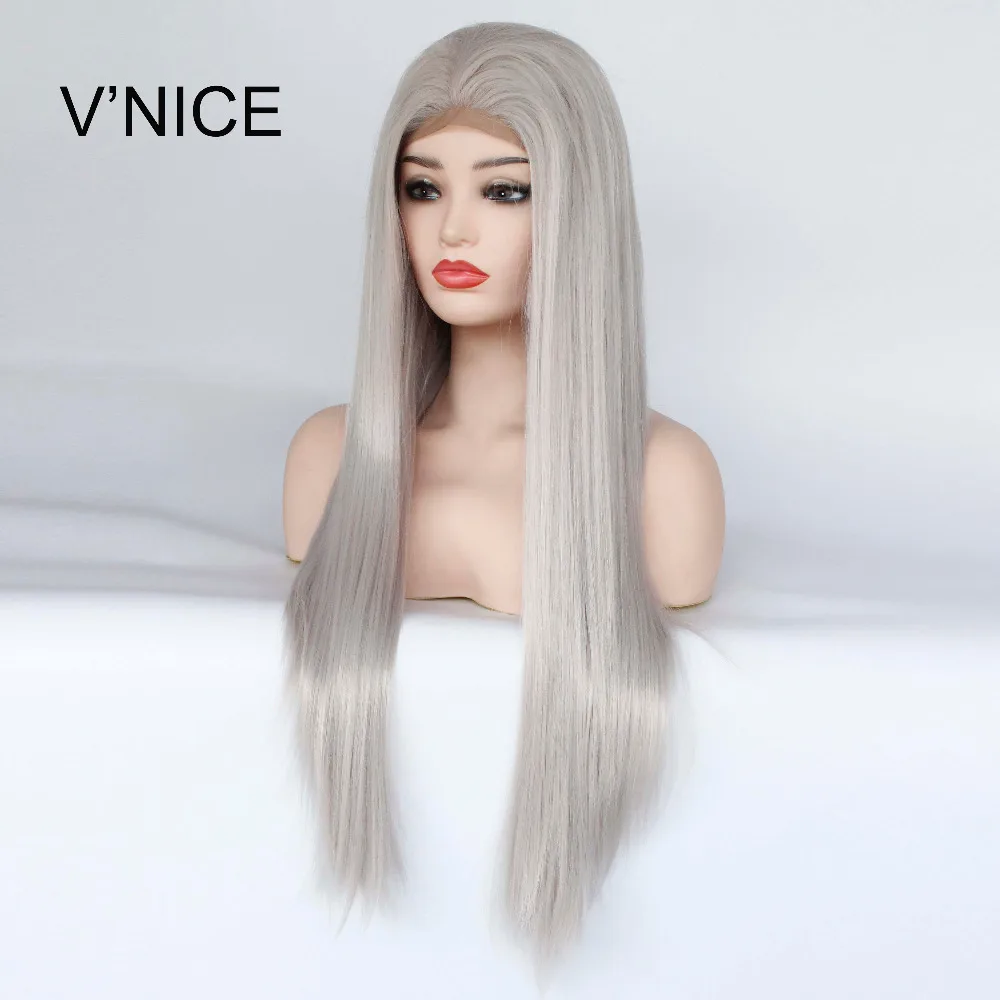 V'NICE руки связали естественный длинные спереди кружева парик Silver Grey Цвет термостойкие синтетические Синтетические волосы на кружеве парик