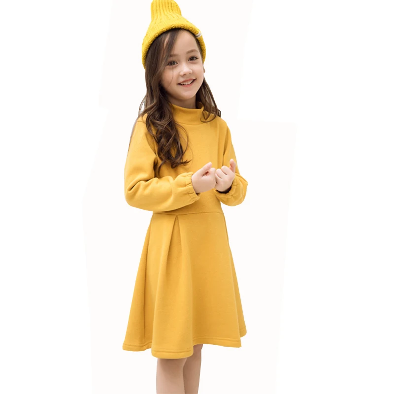 

Girl Dress 2018 Kids Baby Girl winter high-necked Cotton With velvet Princess Dress Outfit fuffles yellow Children Clothing