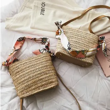 

Summer Crossbody Bag Handmade Woven Beach Bohemia Shoulder Bags Fashion Women Straw+leather Handbags Bucket Bags A42-13