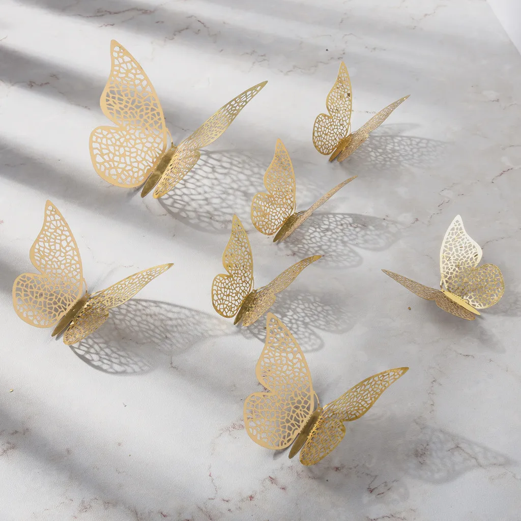 12 шт./компл. 3D настенные стикеры бабочки полые Бумага; 3 размера; Цвет серебристый, золотой для наклейки на холодильник домашний магазин вечерние Свадебный декор