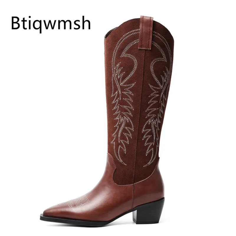 

2019 Chic Knee High Boots Women Pointed Toe Embroidery Mixed Color patchwork High Heel Boots Woman Western Cowboy Boots Femme