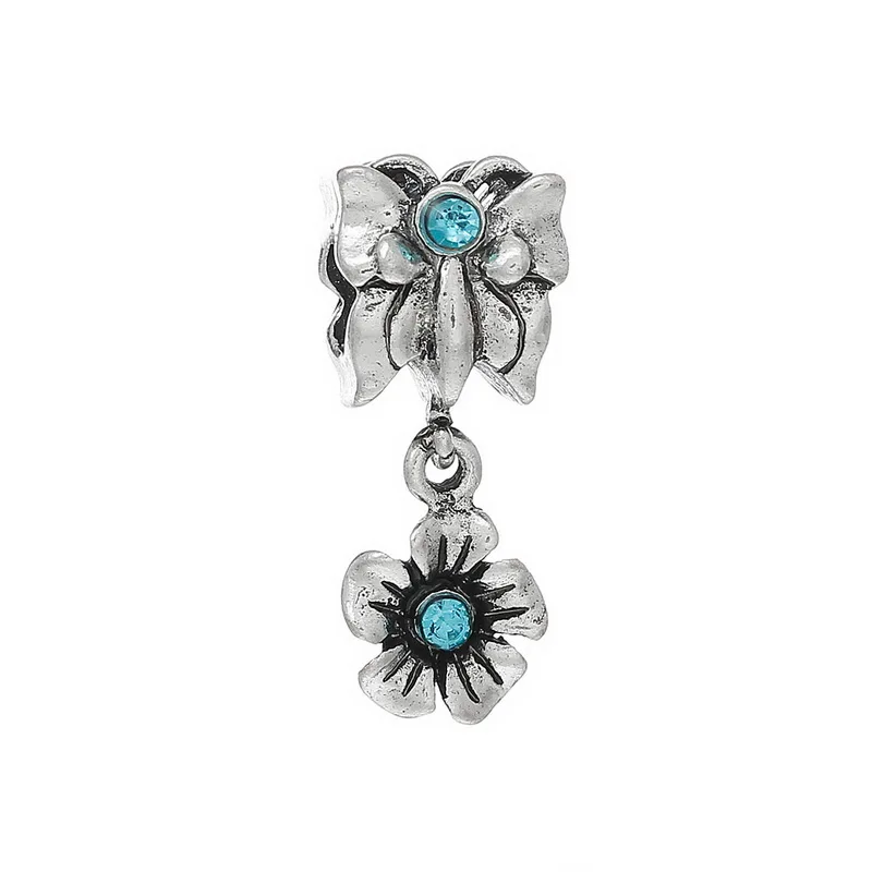 

European Style Charm Slider Pendants Flower Antique Silver Blue Rhinestone With Rhinestone 25mm x 10mm ,1 Pc new