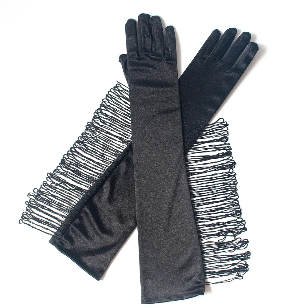 1 пара, модные сексуальные черные Сатиновые длинные перчатки с кисточками, опера, вечерний костюм, перчатки, Классические стрейч-перчатки для женщин и девушек