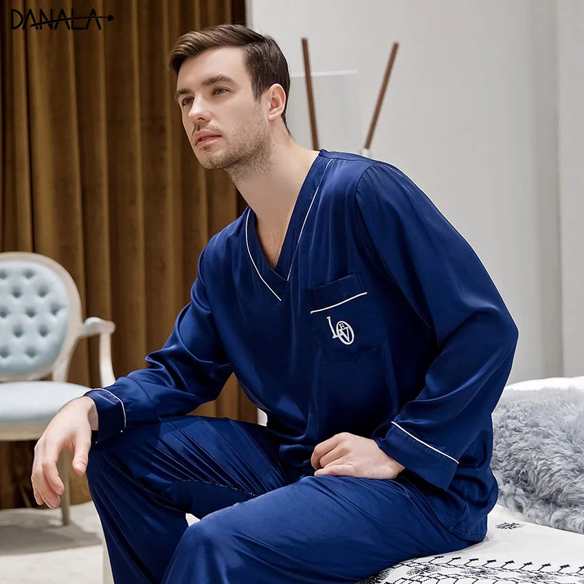 DANALA Silk Satin Pajamas Sets Men Vogue Solid Refreshing Simple Men Nightwear Sets Home Suits Sleepwear Three Quarter Sleeve DANALA Silk Satin Pajamas Sets Men Vogue Solid Refreshing Simple Men Nightwear Sets Home Suits Sleepwear Three Quarter Sleeve