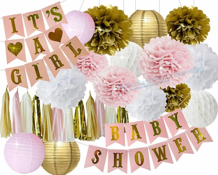 Girls-Baby-Shower-Party-Decoration-Set-Pink-Gold-Paper-Lantern-Pom-Poms-Tissue-Tassel-Garland-IT