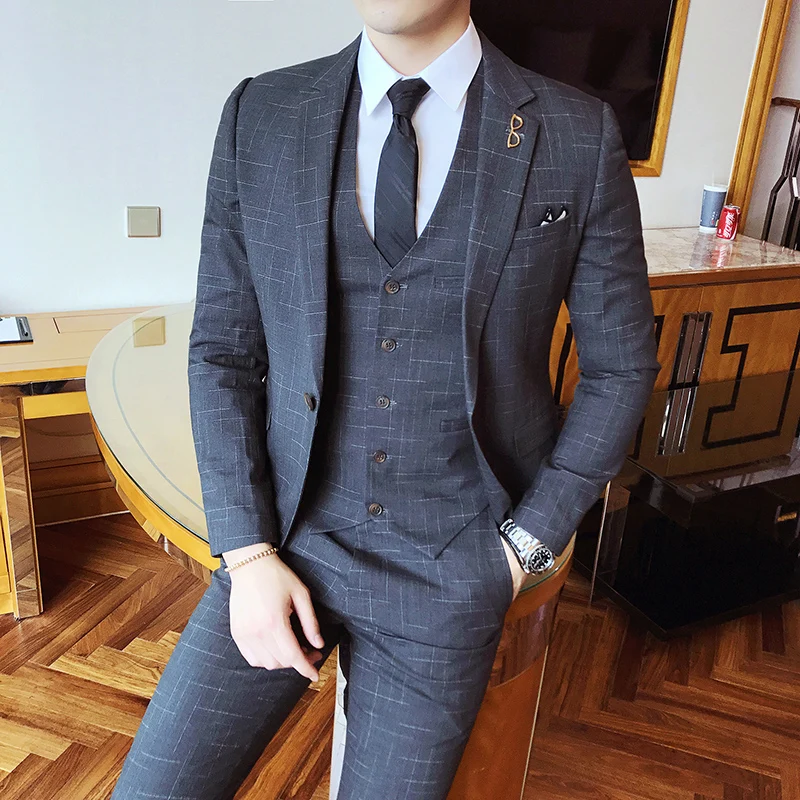 

( Jacket +Vest + Pants ) High-end Business Mens Fashion Plaid Formal Suit Three-piece Suit Wedding Dress Groom Mens Lattice Suit