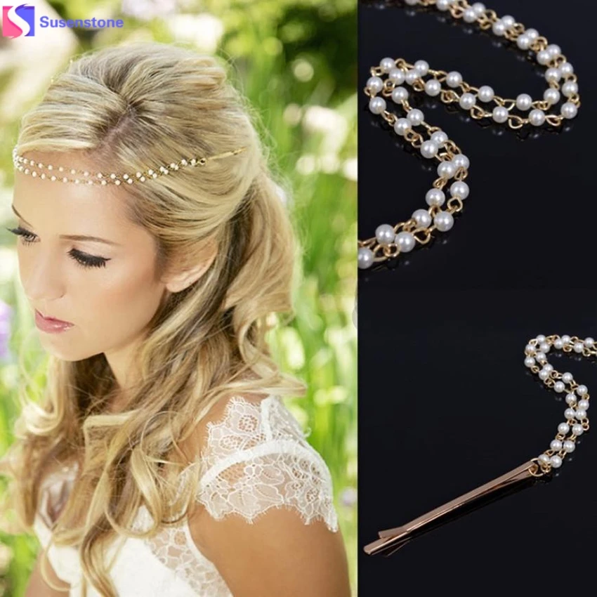 

SUSENSTONE Women Handmade Pearl Head Chain Jewelry Headband Headpiece Hair Band