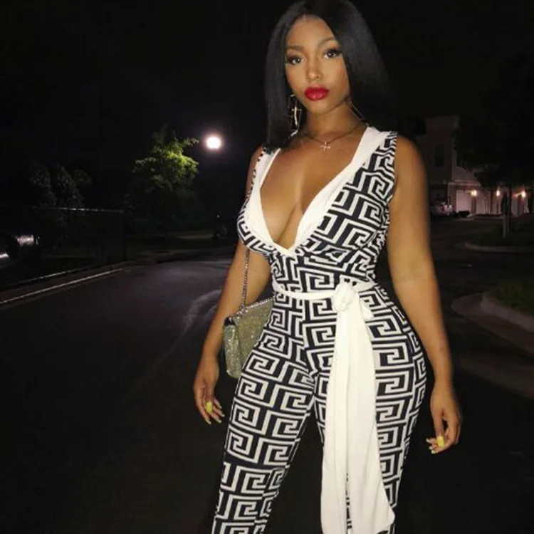 

Summer 2019 hot style, deep V neck, sexy print, high waist jumpsuit