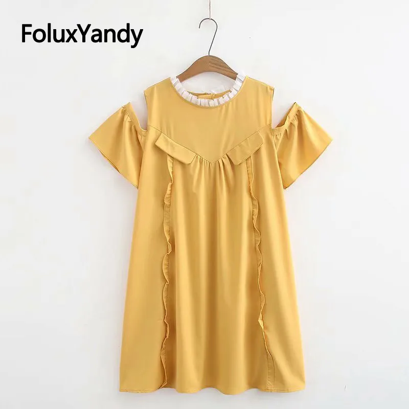 

Hollow Out Cold Shoulder Dress Women Vestidos Plus Size Casual Short Sleeve Summer Ruffles Dress Yellow Vestidos KKFY3700