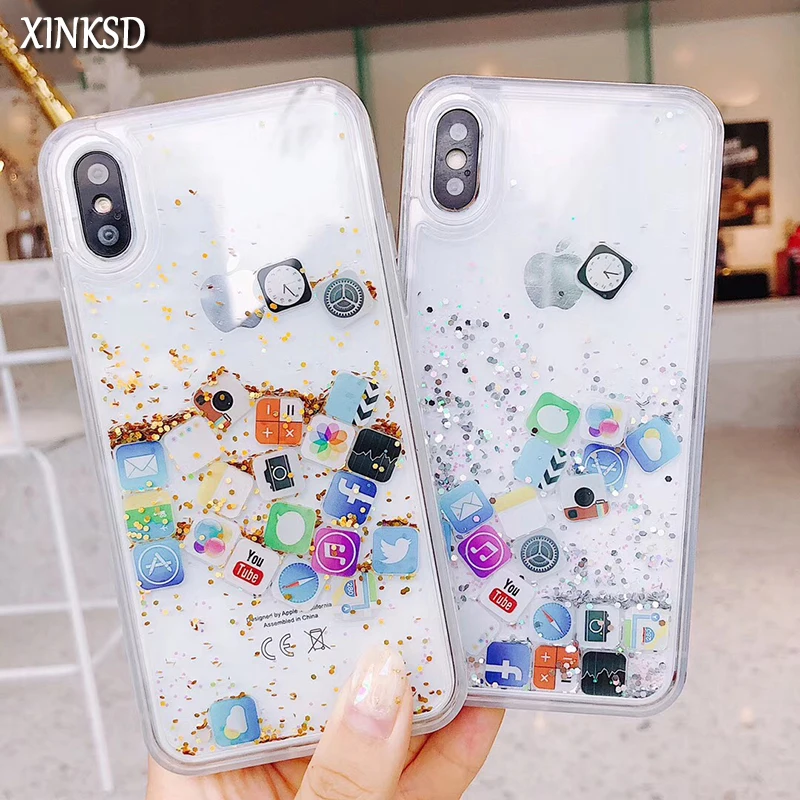 

XINKSD Cute Amusing Mobile apps Icon pattern phone Case cover For iphone X 6 6s Plus 7 8 plus Glitter Liquid Quicksand Cases