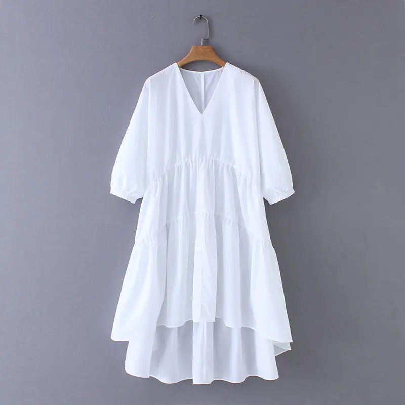 

2019 women fashion v neck lantern sleeve patchwork pleates casual loose asymmetrical dress retro sweet white chic dresses DS2241
