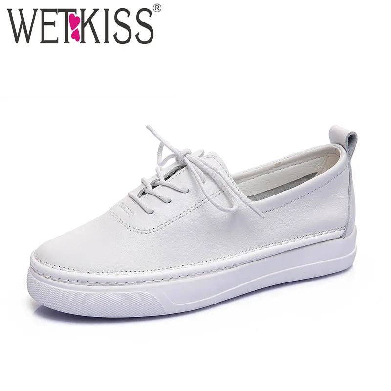 

WETKISS Casual Genuine Leather Women Flats Lace Up Flat Platform Round Toe Footwear Spring Fashion Ladies Sneakers White Shoes