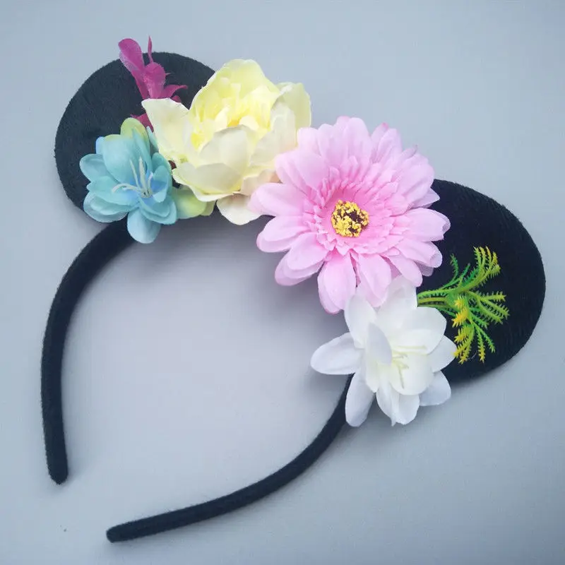 Черная мышь уши повязки для девочек банты волос аксессуары празднование Дня Рождения цветок головной убор обруч Микки HB407D