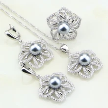 Цветок белый кубический цирконий серый искусственный жемчуг 925 пробы Серебряный набор украшений для женщин подарок серьги/Кольцо/кулон/ожерелье