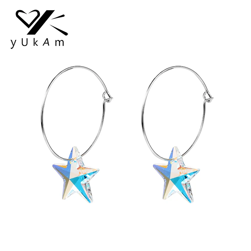 

YUKAM Jewelry Simple Silver Dangling Big Five Pointed Star Circle Round Earrings Creole Austrian Crystal Hoop Earrings for Women
