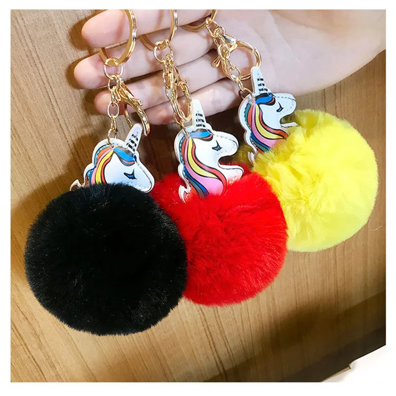 Unicorn pompom Keychain Rabbit Fur Ball Horse Cute anime Key chain for women Bag Car Keyrings trinket pendant keyring