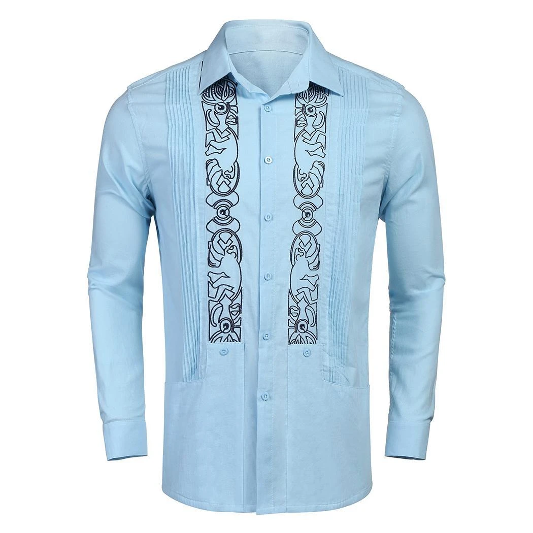 Casual manga bordada Turn down hombres botón Collar camisa Guayabera| Camisas informales| - AliExpress