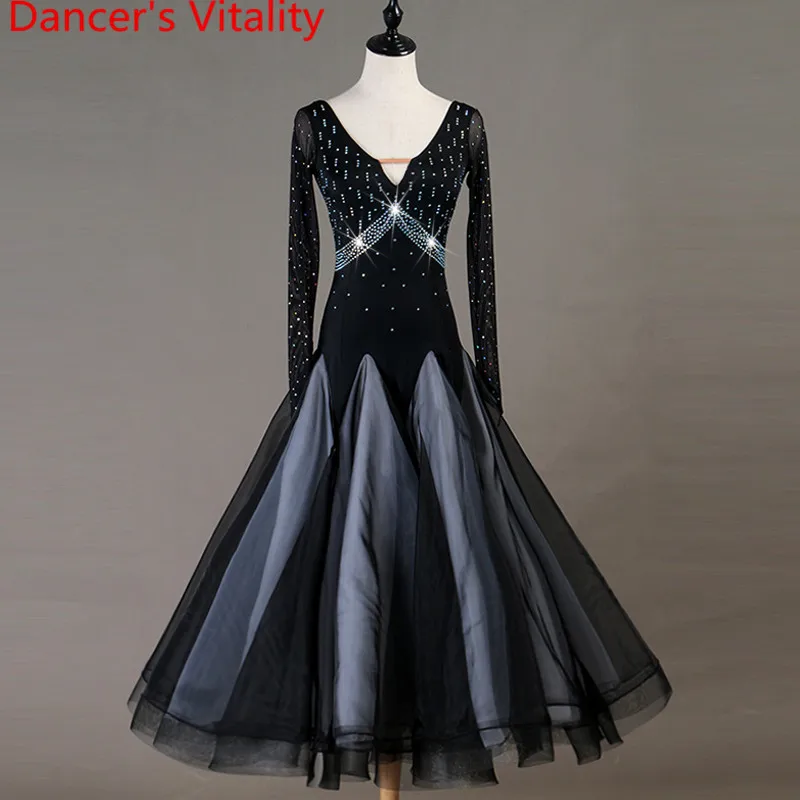 

Professional Women Ballroom Dance Dress 2019 New Long Sleeves Big Swing Dresses Latin Waltz Dance Performance Practice Costumes