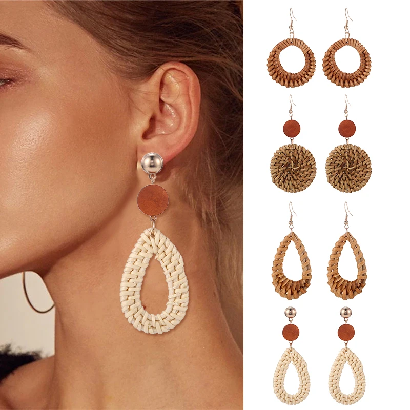 

HOCOLE Korea Handmade Wooden Straw Weave Drop Earrings For Women Vintage Ethnic Rattan Vine Knit Long Earrings Statement Jewelry