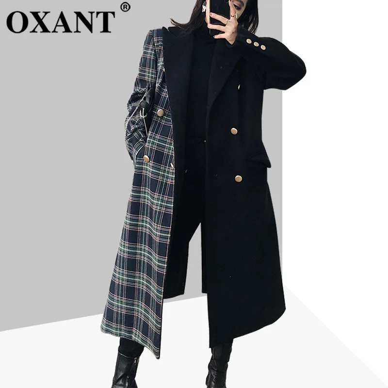 

OXANT Women's Black Patchwork Woollen Long Wool Overcoat Coat 2019 Winter Popular Plaid Overcoat