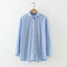 2016 New Women Fashion Elegant Striped Blue Blouse Pockets Embroidery Turn-down Collar Shirt Loose Casual Brand Female