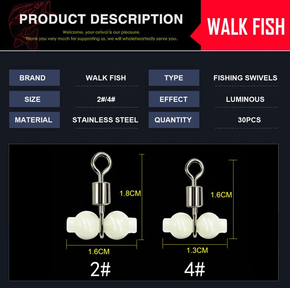 Ходить рыбы 30 шт./лот световой Рыболовный Вертлюг рыболовный крючок коннектор 3-х полосная прокатный поворотные рыболовные принадлежности