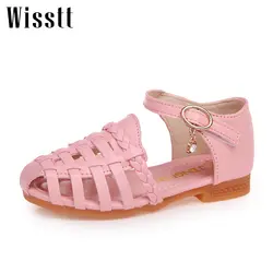Модные сандалии для девочек Летняя Римские сандалии без каблука обувь детская обувь для девочек принцесса вырезами детская кожаная обувь