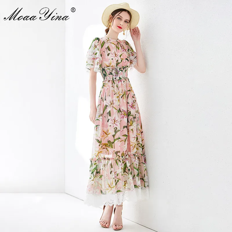 MoaaYina, модное дизайнерское подиумное платье, весна-лето, женское, розовое шелковое платье, кружевное, лилия, цветочный принт, эластичная талия, платья - Цвет: Розовый