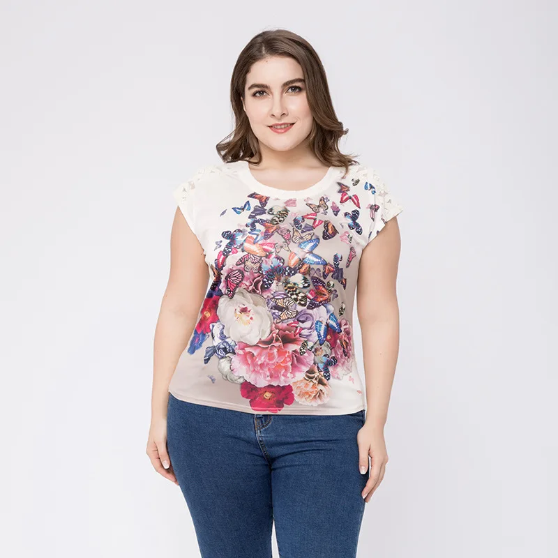 Women Brand T Shirt Plus Size 4XL 2018 Summer Lace Back Floral Print