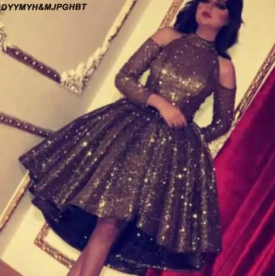 Blingbling Party Dresses High Neck Chocolate Sequined Hi Lo Cocktail Dresses with 34 Long Sleeves_