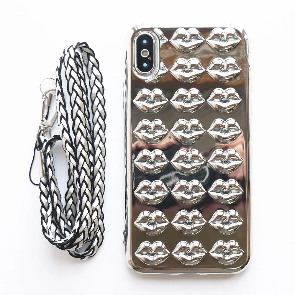 

For iPhone Xs X Case Cute 3D Bubble Lips Soft TPU Cover with Strap Necklace Chain for Women Lady Cute Girly Fashion Case