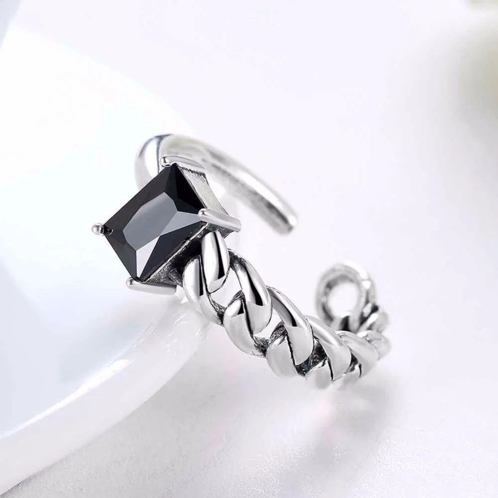 Solid 925 Sterling Silver Adjustable Ring Braided Rope Shape Black Zircon Fashion OL Jewelry Rings For Women (JewelOra RI102614)