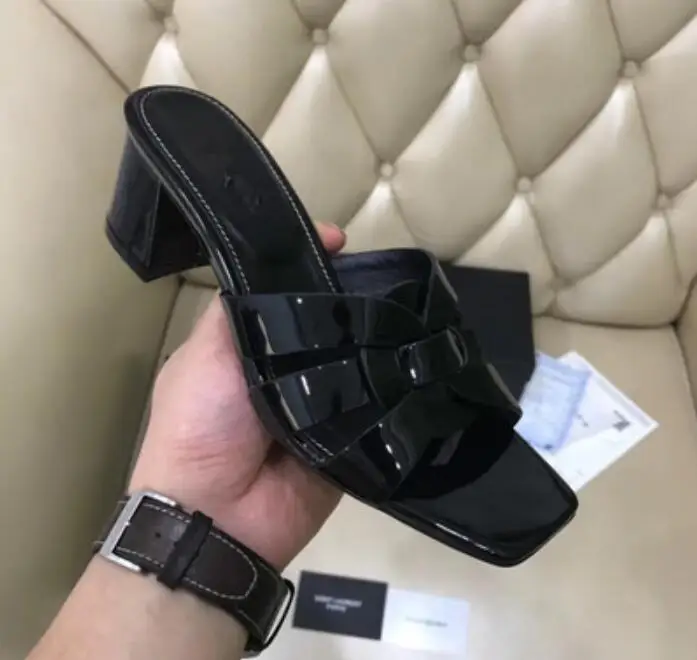 

Summer Brand Women Sandals Genuine Leather With One-word Slippers Thick Heels Medium Heels Open-toed Sandals Lazy Women's Shoes