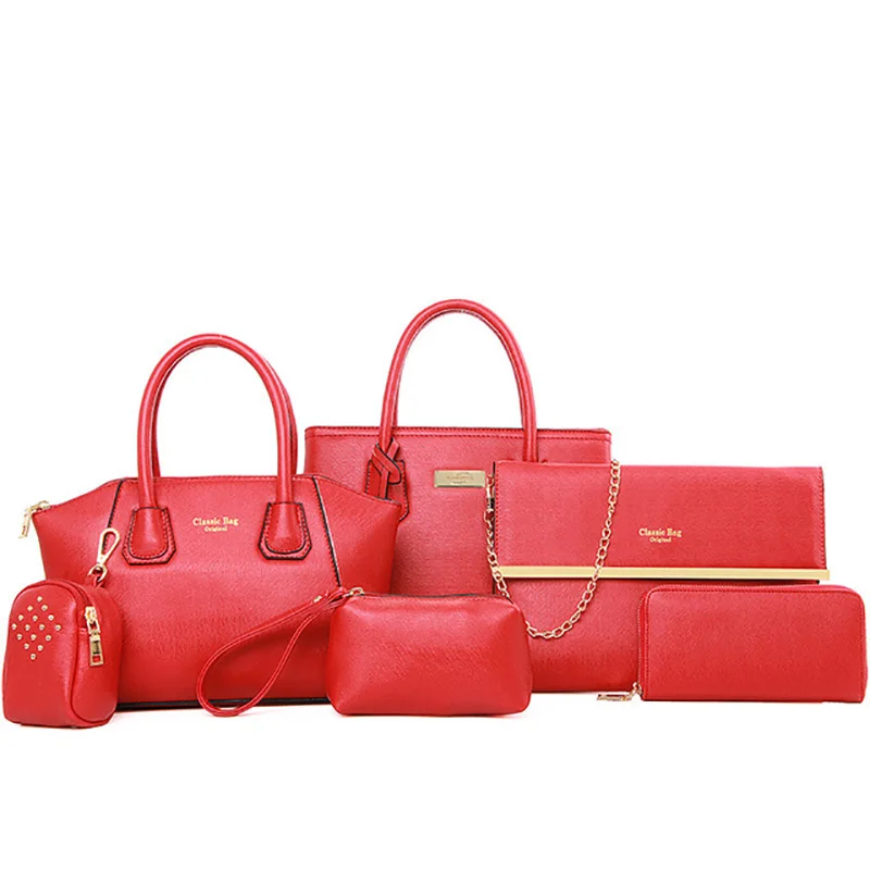 Новая женская сумка из искусственной кожи, модная одноцветная сумка в виде ракушки, сумка для мамы, сумки через плечо, переносная диагональная дамская сумка, комплект из шести предметов - Цвет: Red