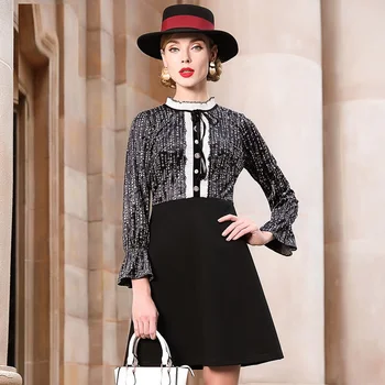 

Autumn Winter Fashion Ladies elegant dress stand collar flare sleeves printed patchwork vestido Plus Size Cultivating Jurken 5XL