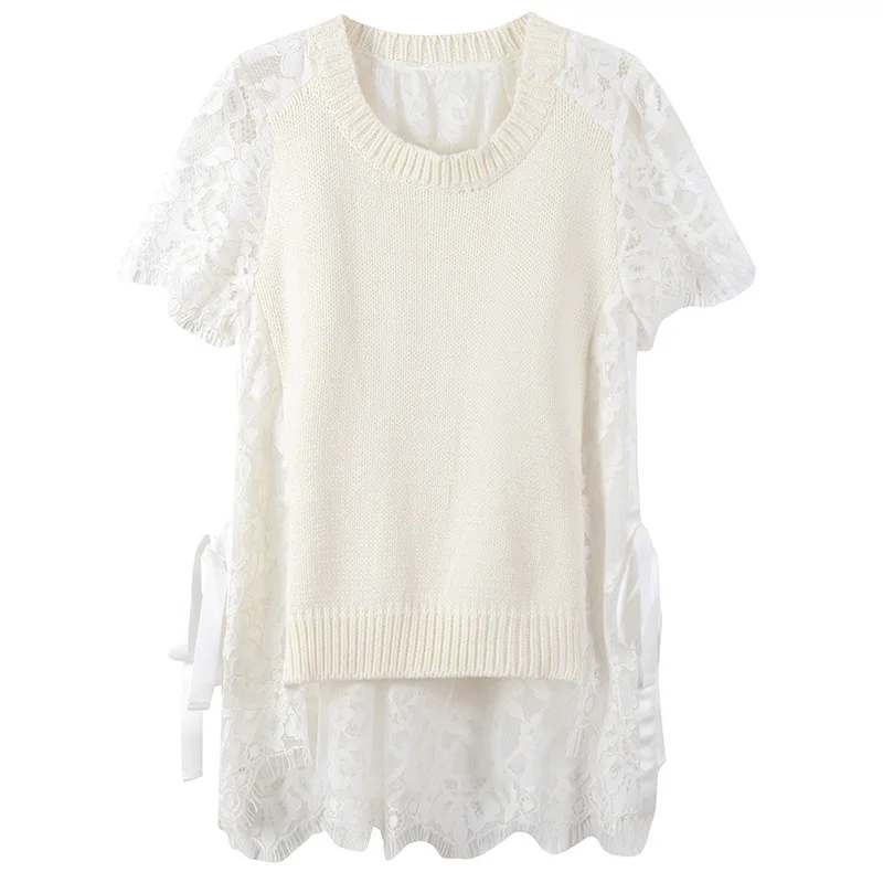 النساء تي شيرت الجانب الدانتيل يصل أنيقة الدانتيل T قميص محبوك الصيف المحملات البلوفرات أعلى المدرج تصميم قصيرة الأكمام البلوز الحلو الفاخر...